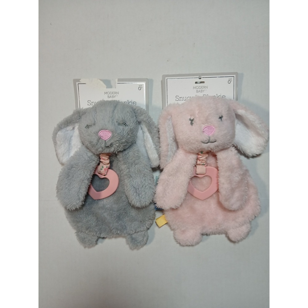 Two Modern Baby Pink/ Gray‎  Bunny Rabbit Blankie Security Blankets And Teether